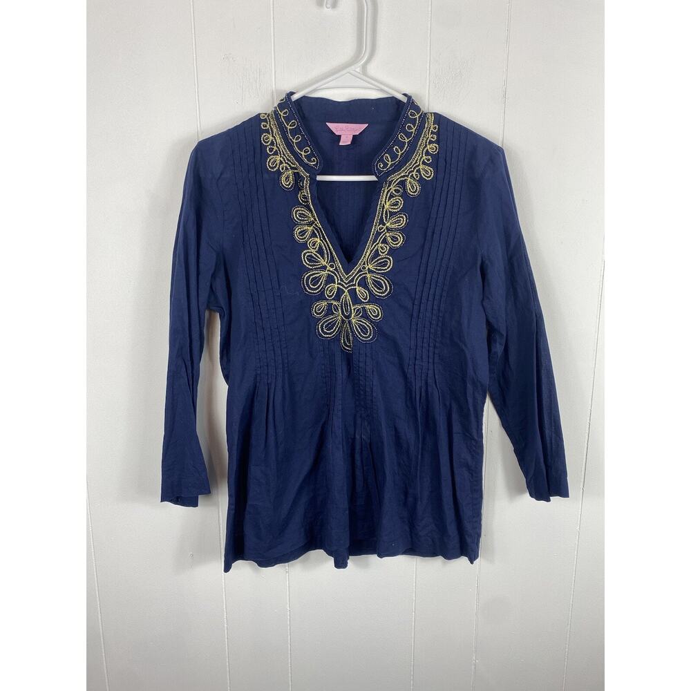 Lilly Pulitzer Sarasota Tunic Top Navy Blue Gold XS Preppy Beachy Cottagecore